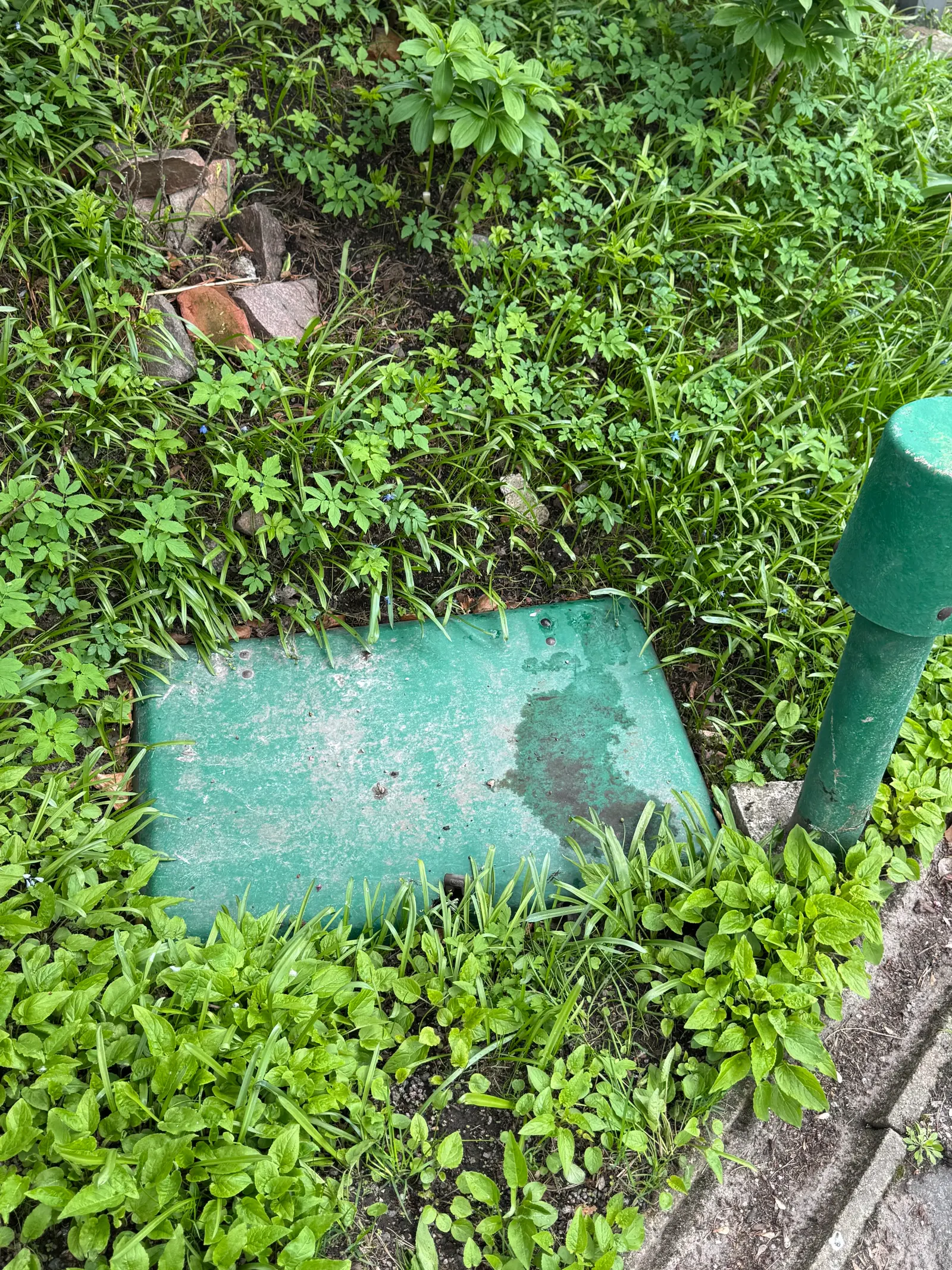 Kiinteistön pumppaamon kansi nurmikolla, vieressä tuuletusputki